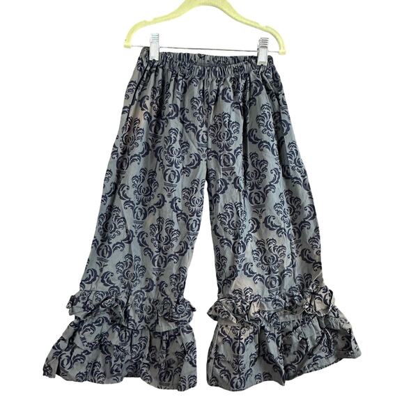 Servane Barrau Gray Blue Damask Ruffle Pants Cotton Girls 6 7 - Picture 1 of 10